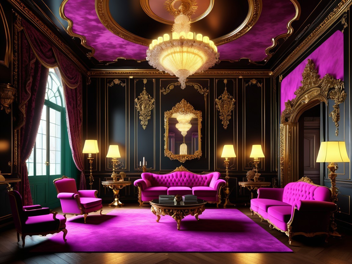 Opulent living room with black walls and gold accents