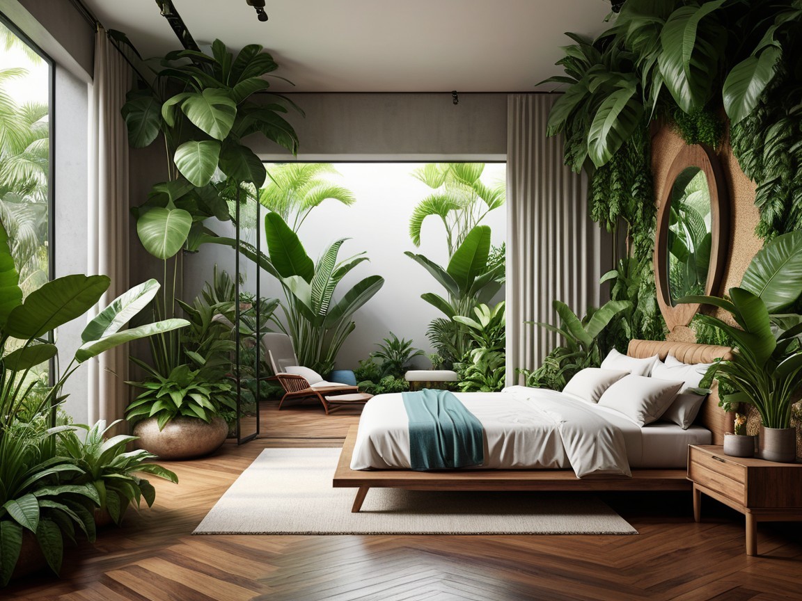 Tranquil Bedroom Design with Wooden Bed and Greenery