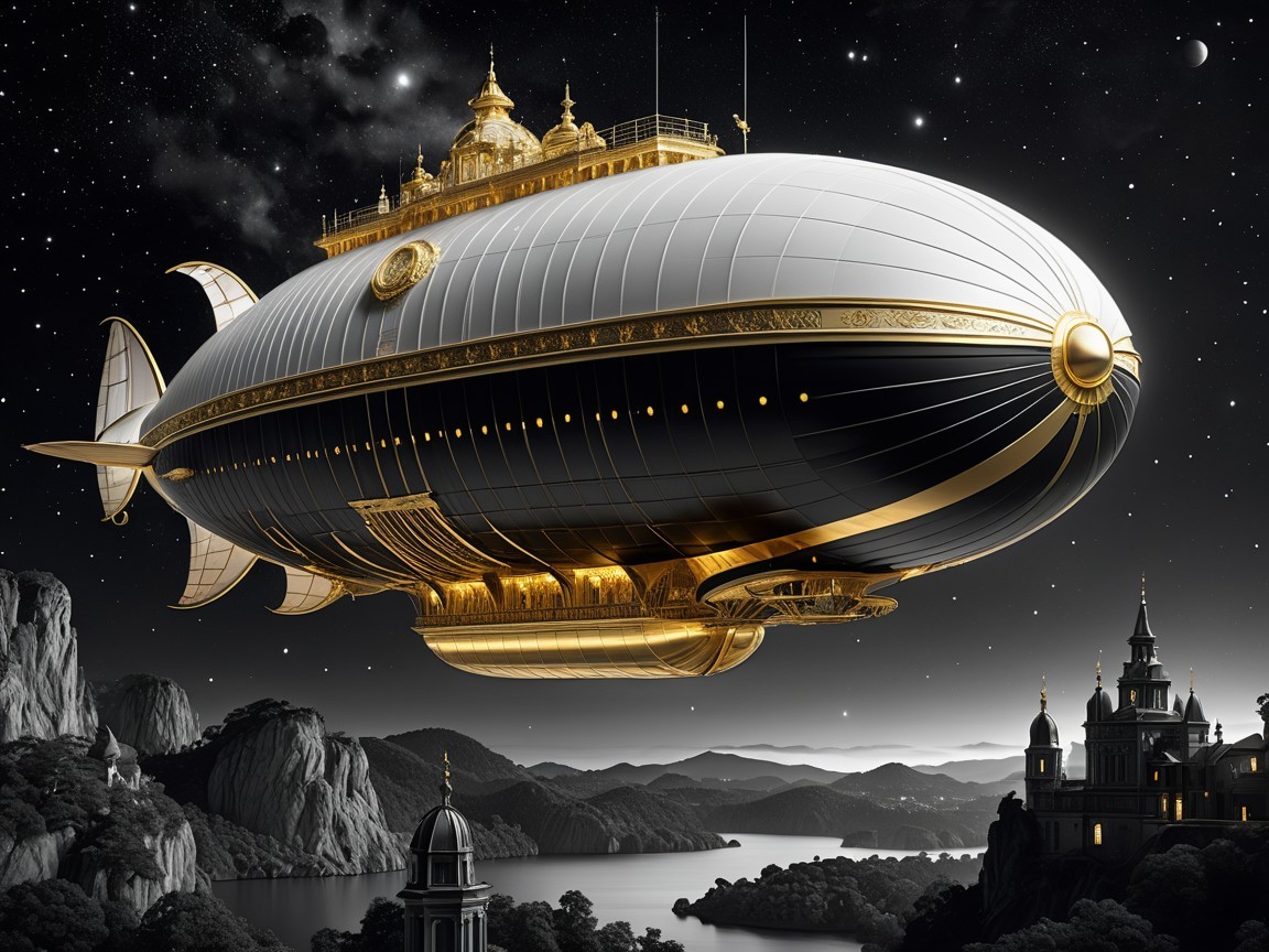 Majestic Airship Over Starry Night Landscape