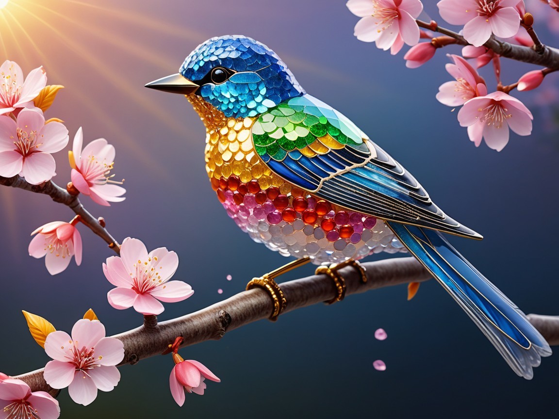 Colorful Gem Bird on Cherry Blossom Branch