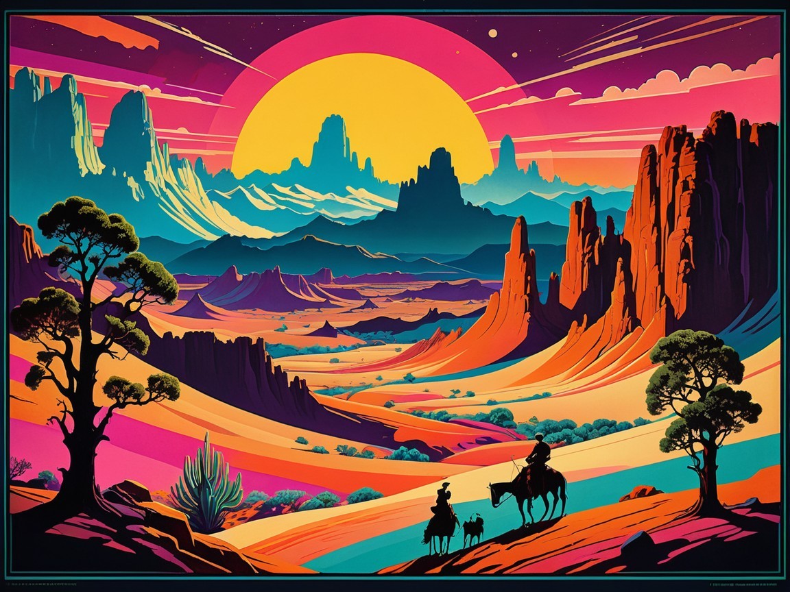 Vibrant Sunset Over Desert Landscape with Horseback Riders
