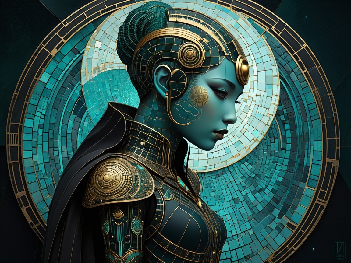 Futuristic Woman with Golden and Teal Patterns