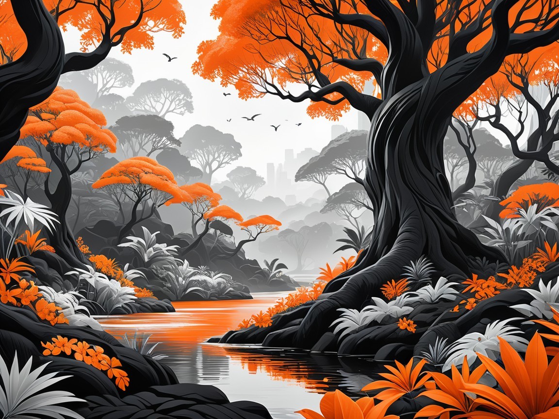 Neo-Pop Art Landscape with Black Trees and Orange Leaves