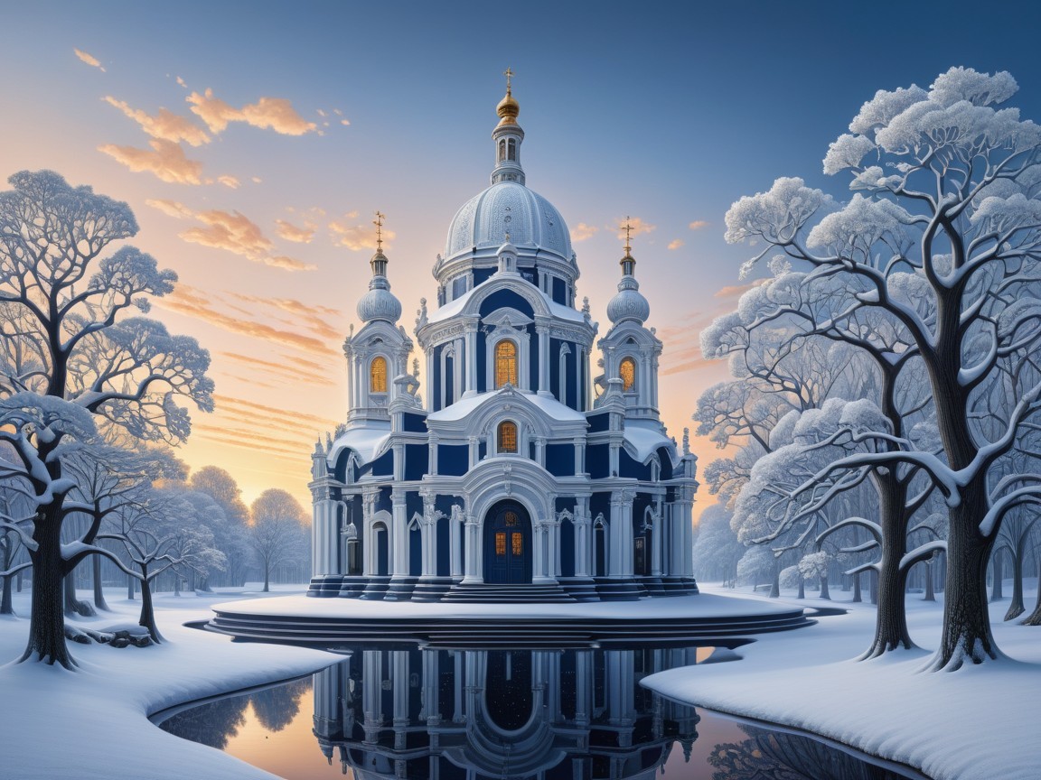 Ornate Cathedral in Serene Winter Landscape