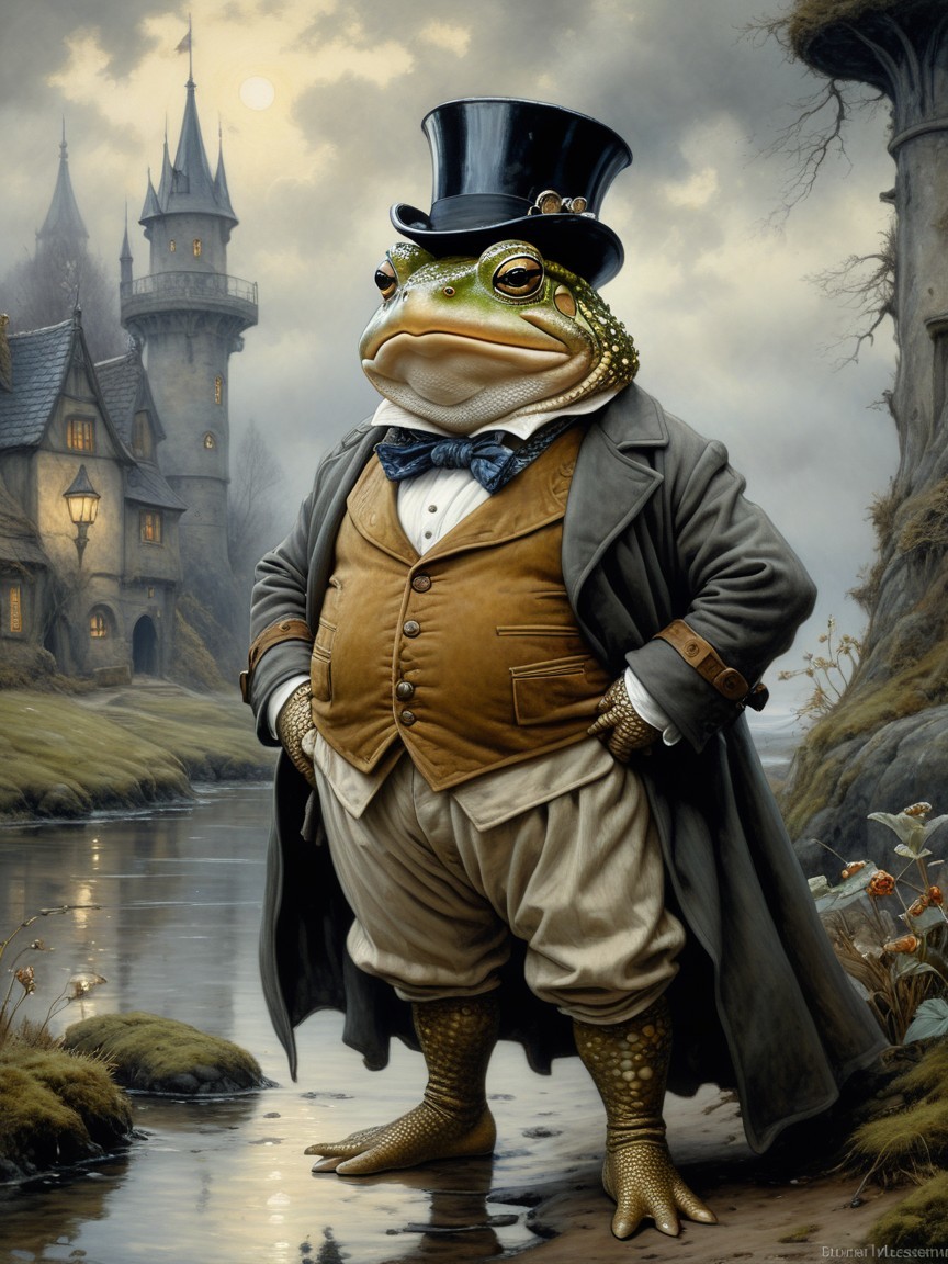 Toad in Formal Attire by Misty River at Twilight