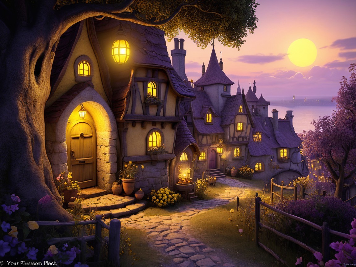 Enchanting Village Scene at Sunset with Cottages