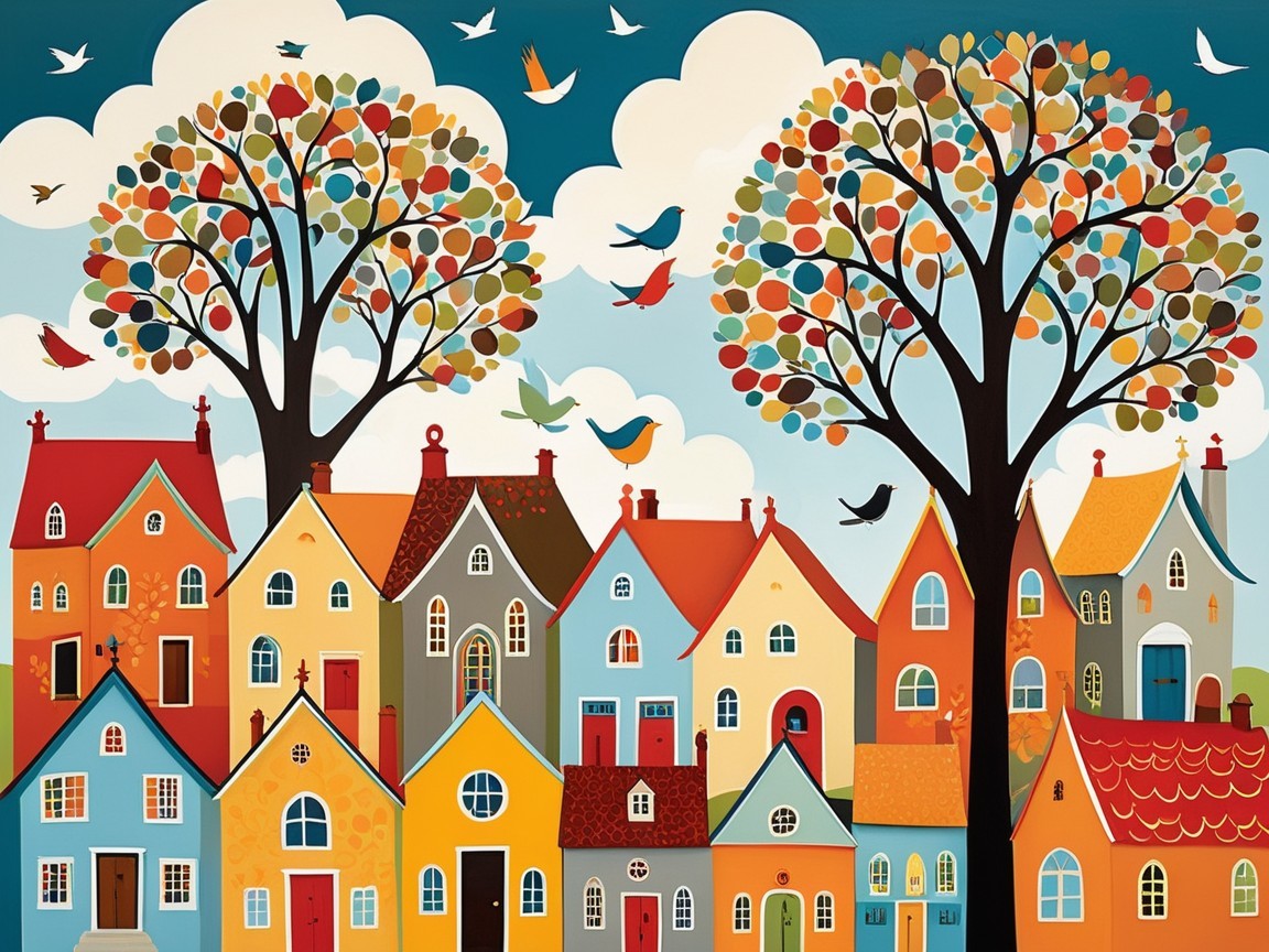 Vibrant village scene with colorful houses and trees