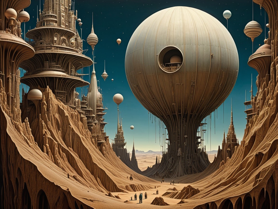 Surreal Landscape with Spires and Airships in Desert