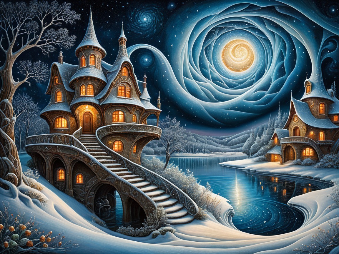 Whimsical Winter Scene with Fairy-Tale Houses