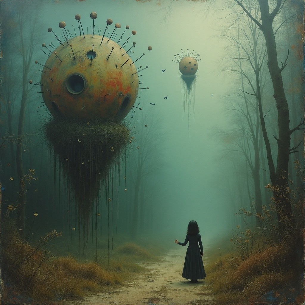 Surreal Forest Scene with Floating Spherical Objects