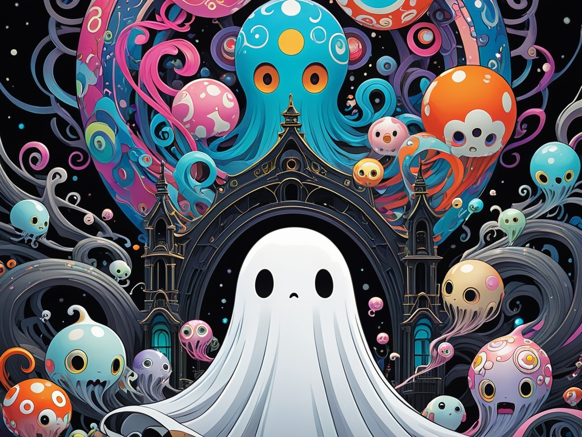 Whimsical Ghost and Colorful Octopuses Illustration
