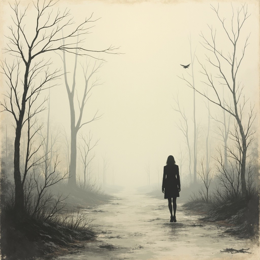 Solitary Figure on Misty Path with Bare Trees