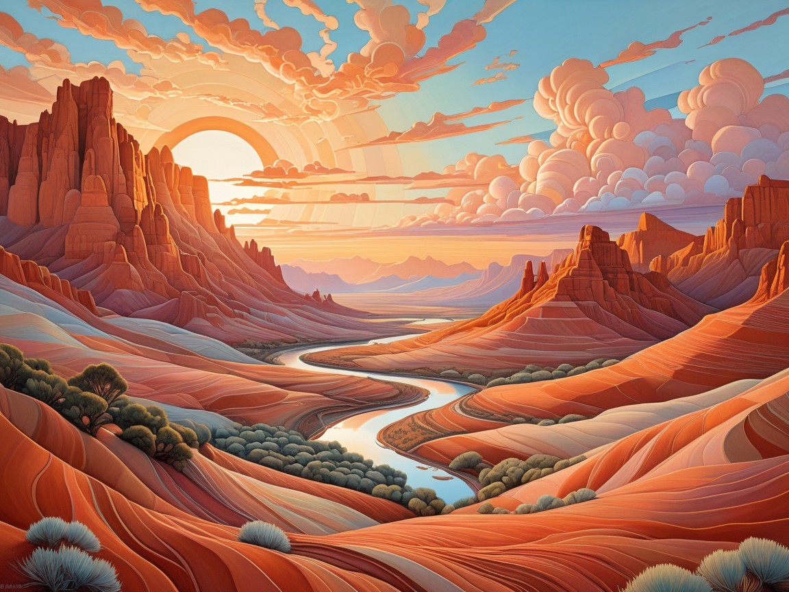 Dramatic Red Rock Landscape at Sunset with River