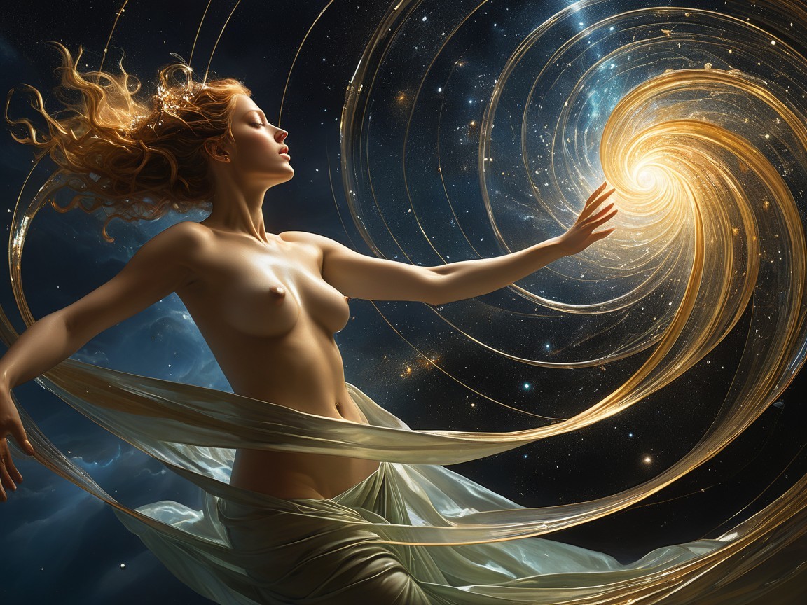 Celestial Figure in Cosmic Landscape with Galaxies