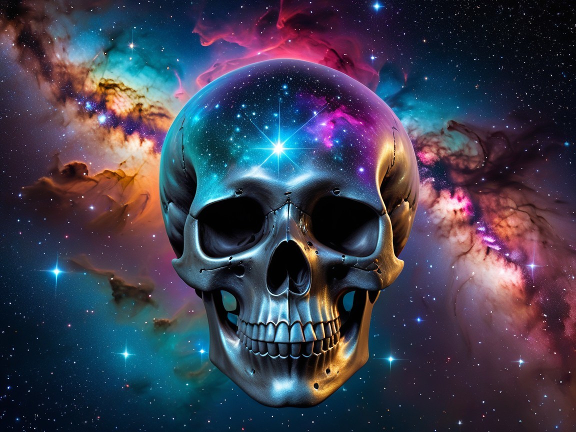 Digital Artwork of Black Skull Against Cosmic Background