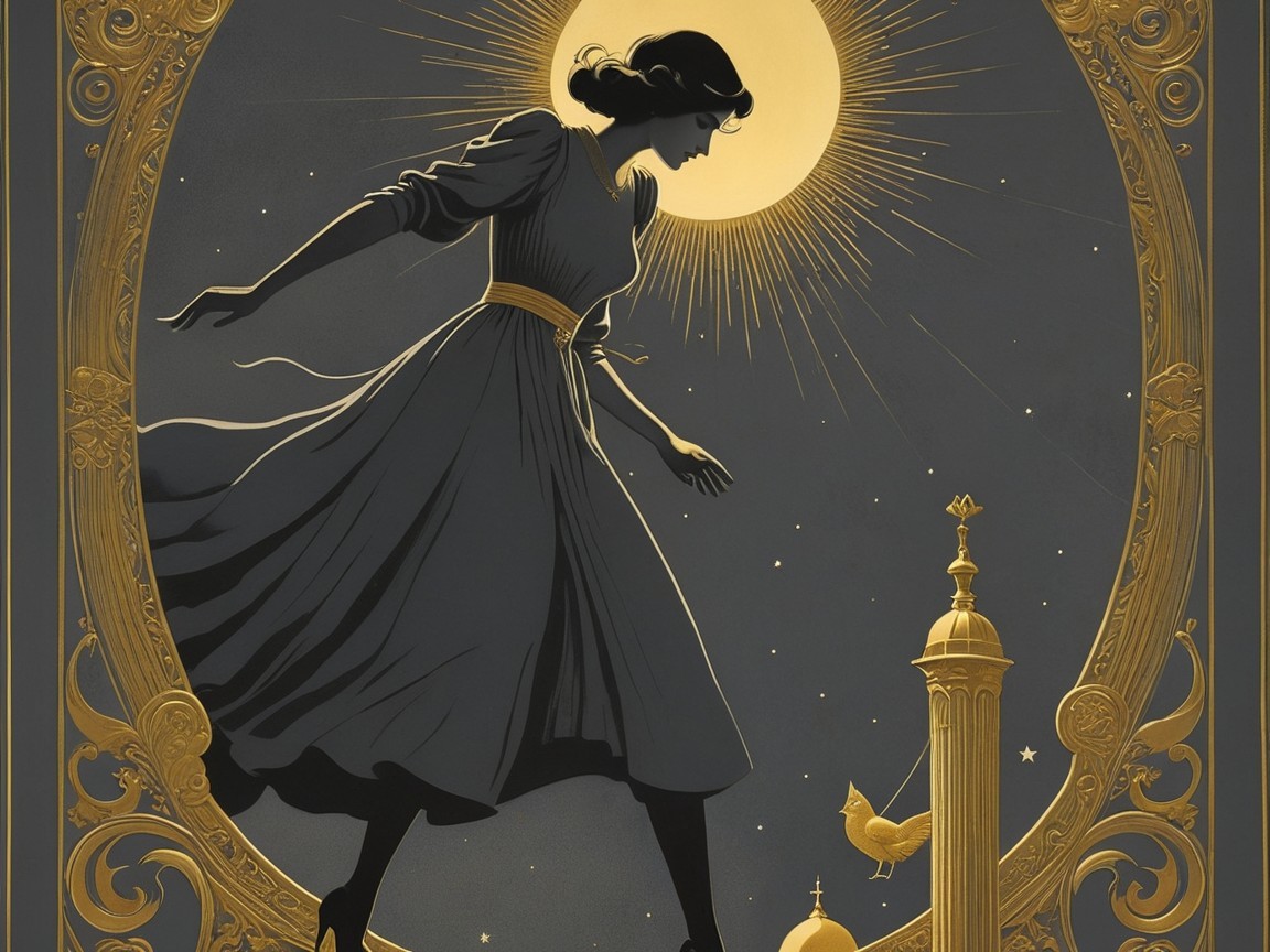 Woman in flowing dress with full moon backdrop