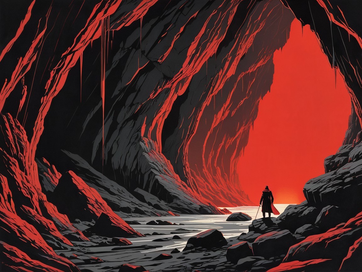 Solitary Figure by a Red-Glowing River Landscape