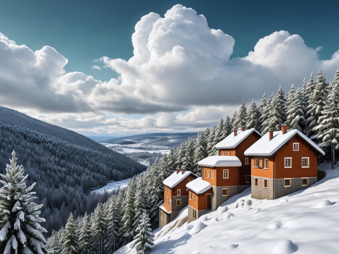 Picturesque Winter Landscape with Cozy Houses and Snow