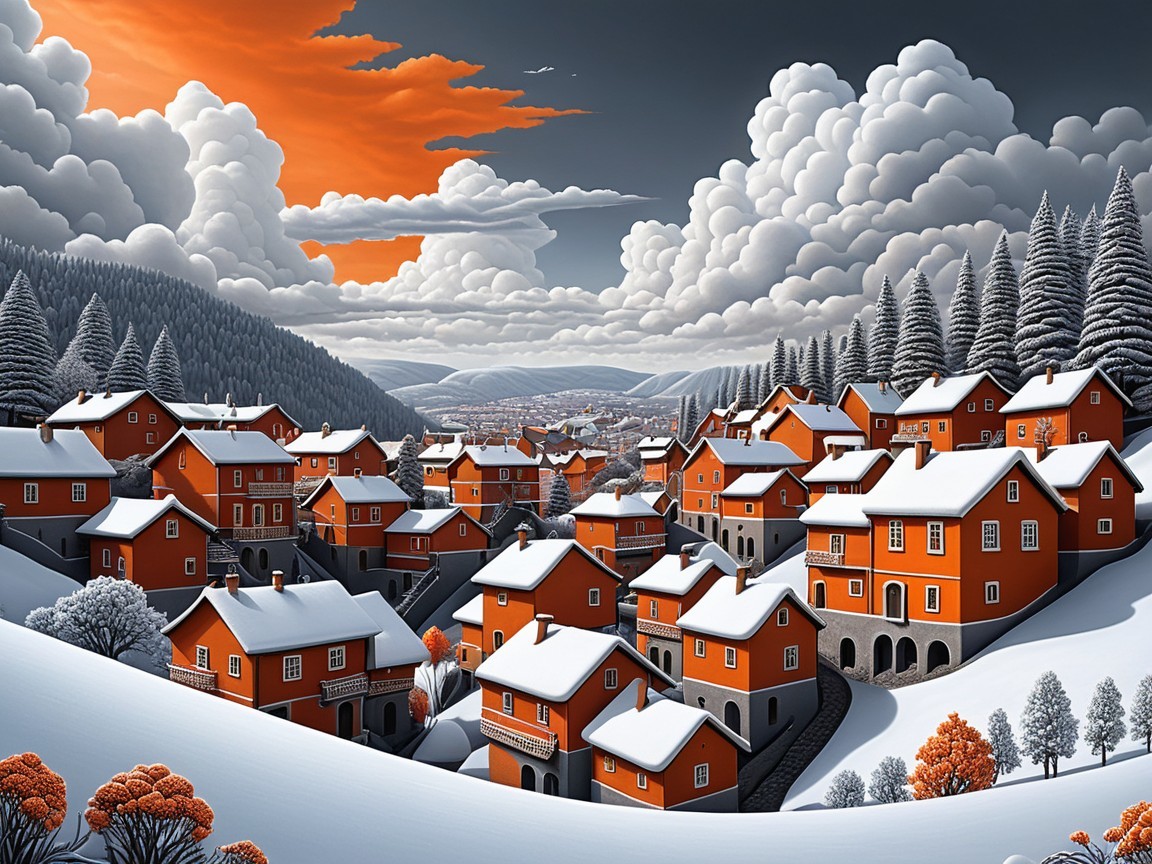 Winter Landscape with Village in Snowy Valley