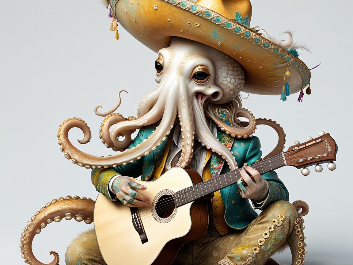 Whimsical octopus character in vibrant attire with guitar