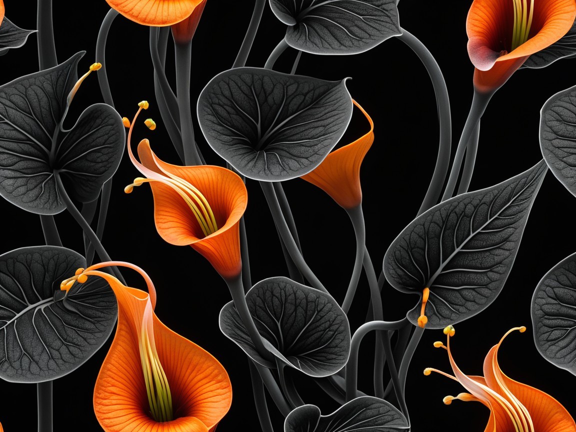 Vibrant Orange Calla Lilies on Black Background Design