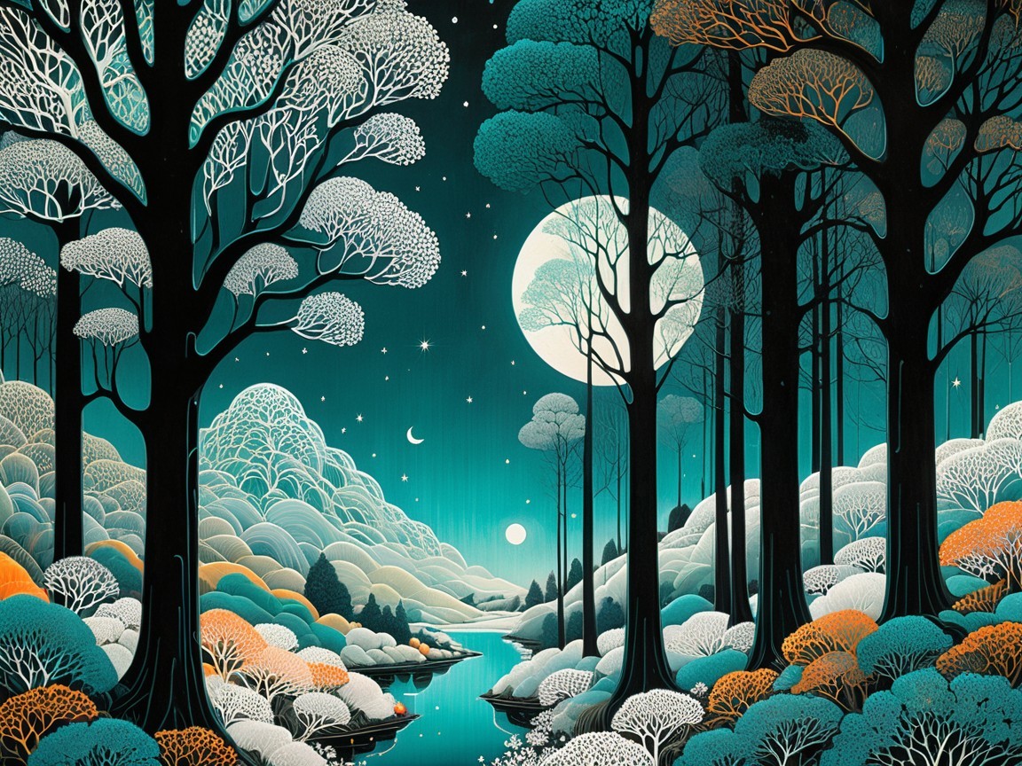 Night Landscape with Trees, Moon, and River Reflections