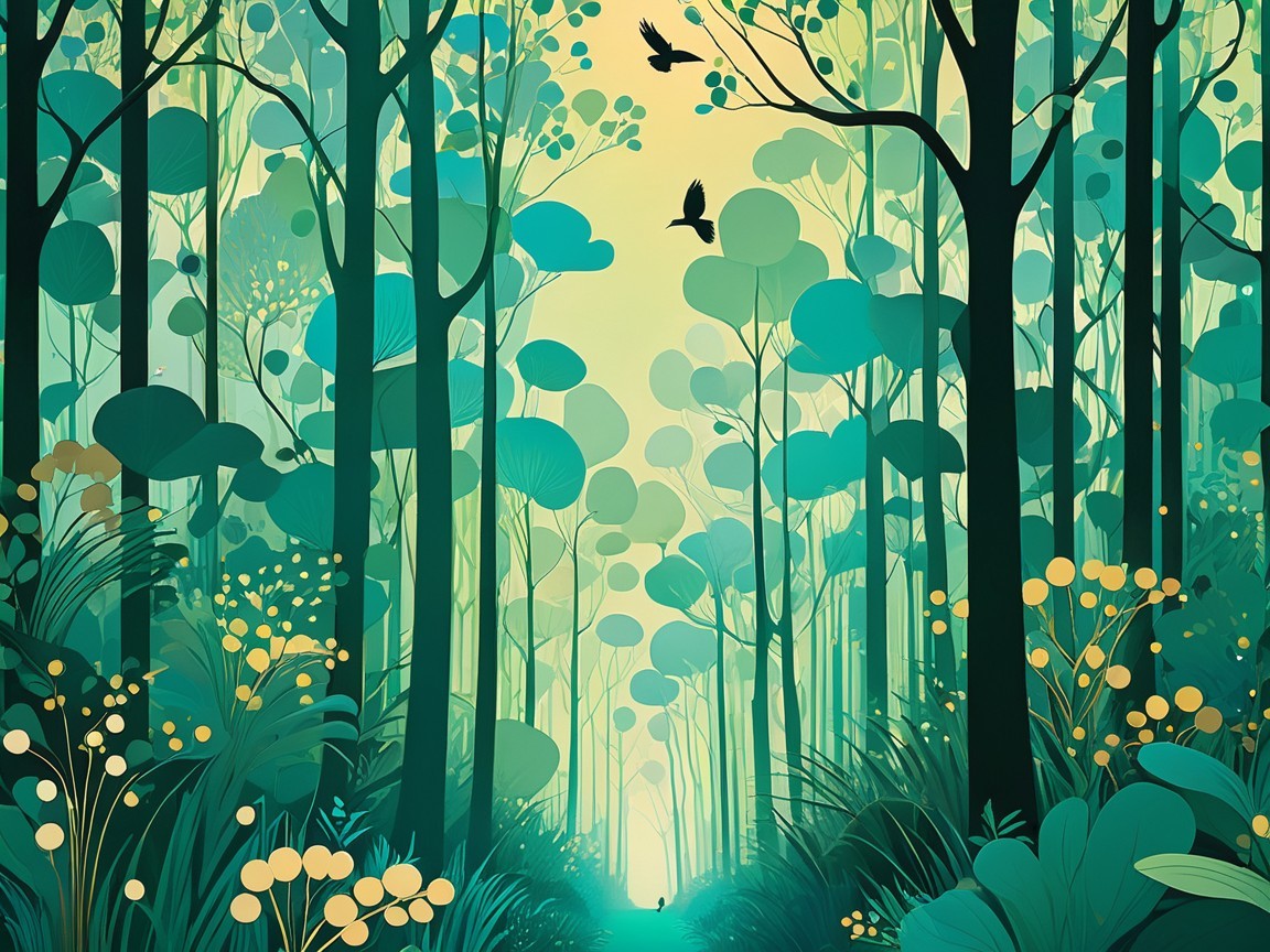 Serene forest scene with tall trees and vibrant greenery