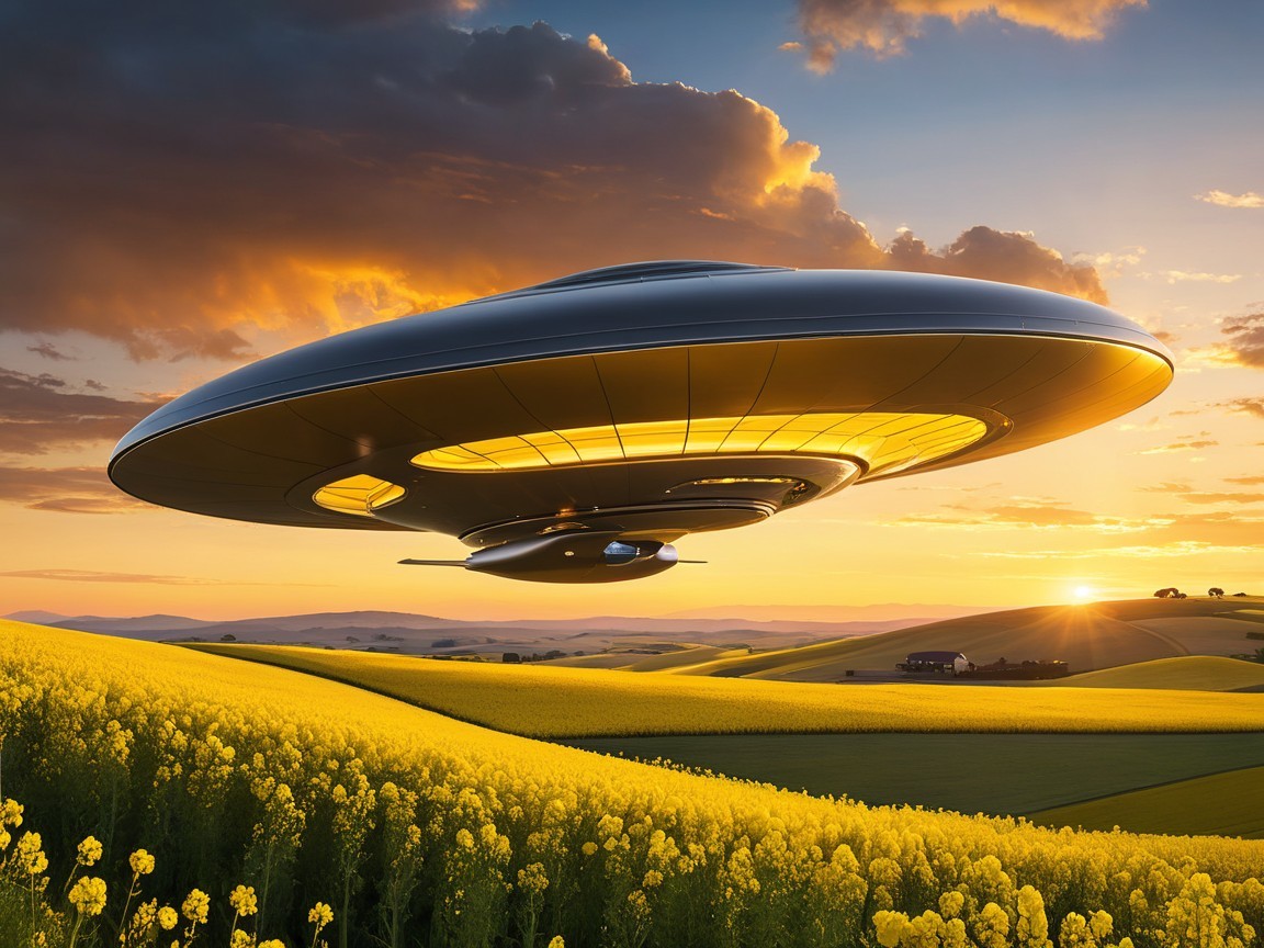 Futuristic UFO Over Vibrant Yellow Field at Sunset