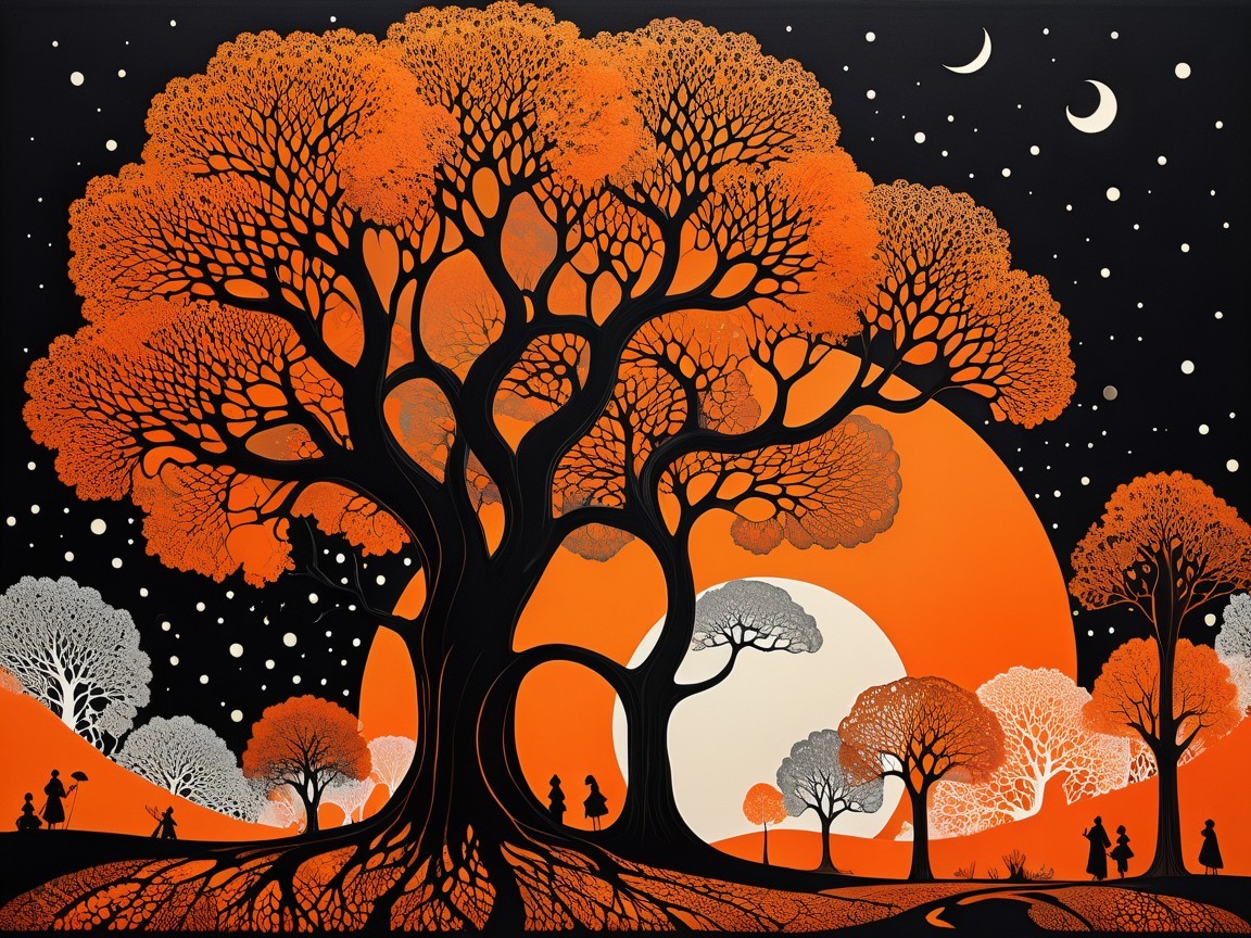 Silhouette of a tree with orange foliage and celestial elements