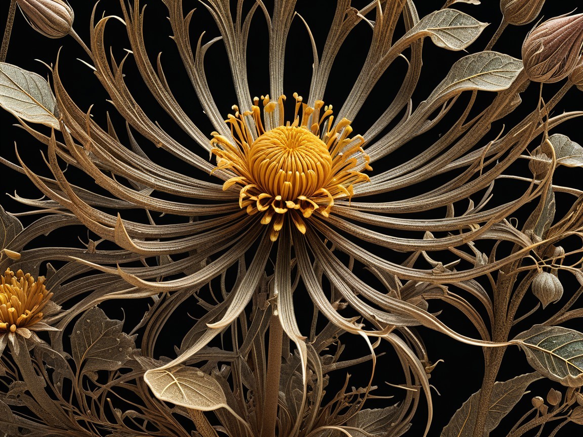 Intricate Flower with Gold and Brown Petals on Dark Background