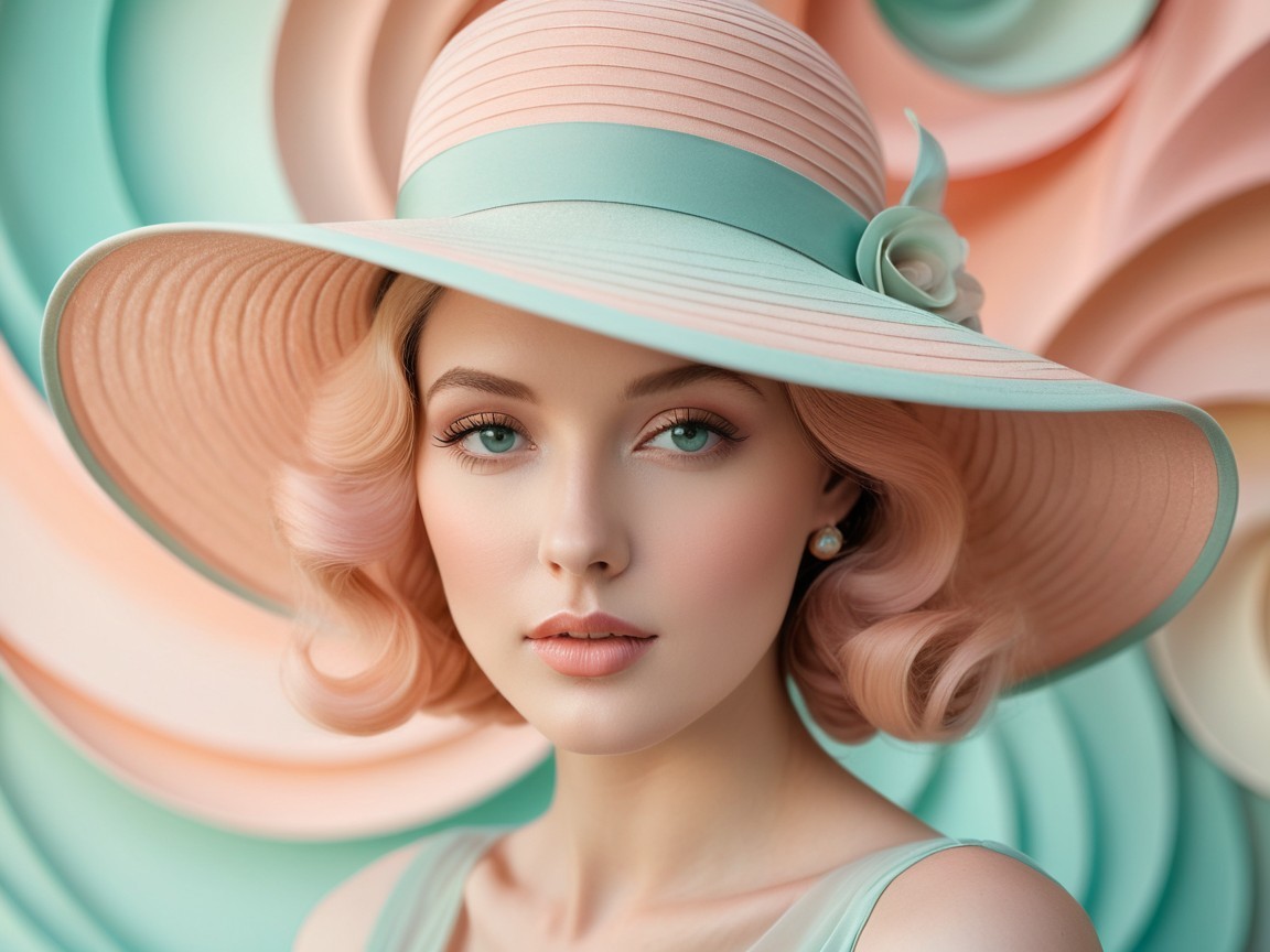Young woman in pastel hat with vintage curls