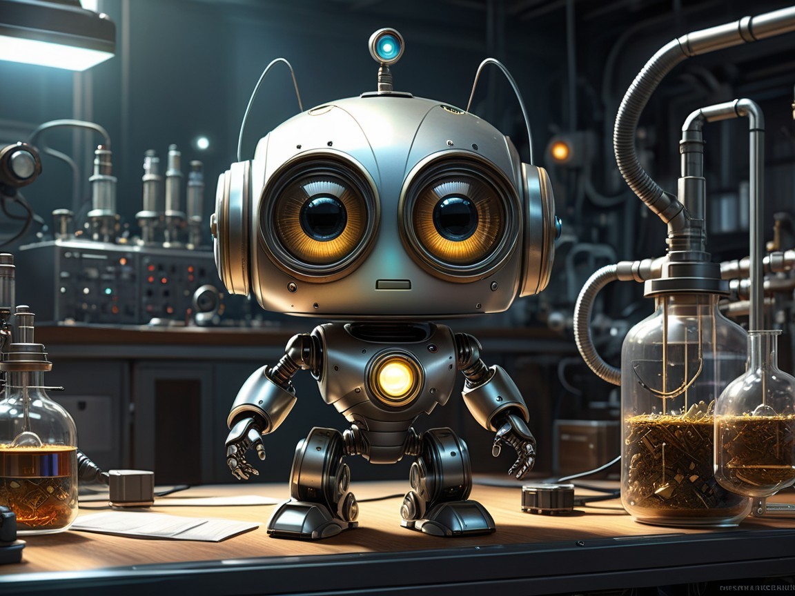 Futuristic Robot in Laboratory with Colorful Liquids