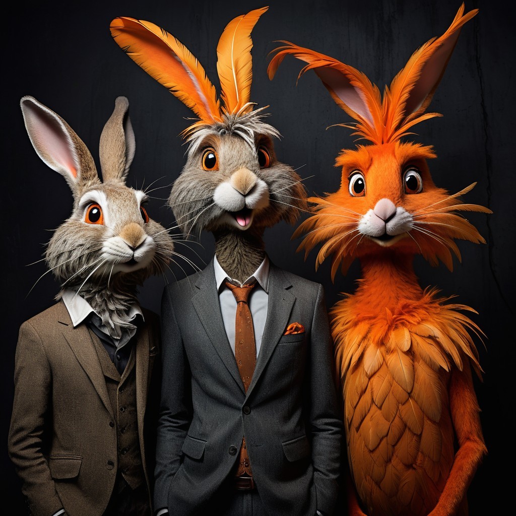 Anthropomorphic rabbits with unique hairstyles and outfits