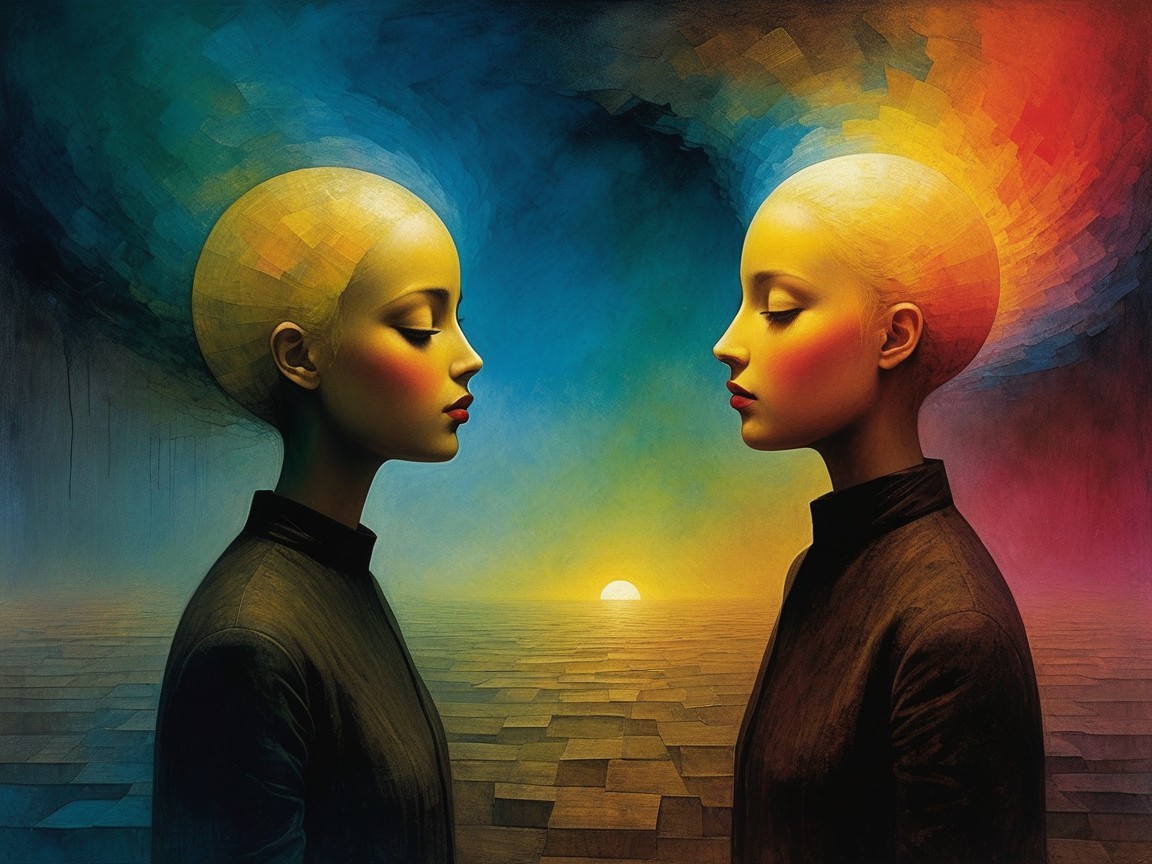 Silhouettes in Vibrant Colors Against Surreal Landscape