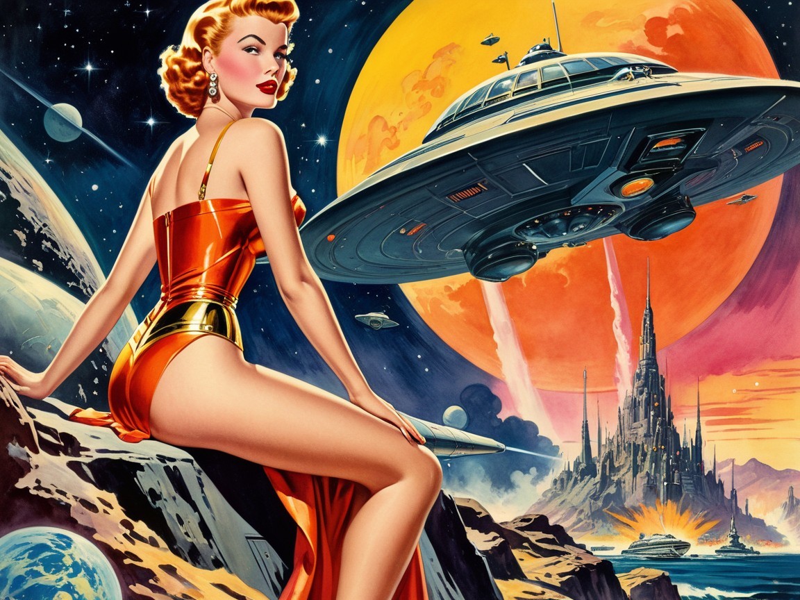 Glamorous Woman in Red Dress with Futuristic Elements