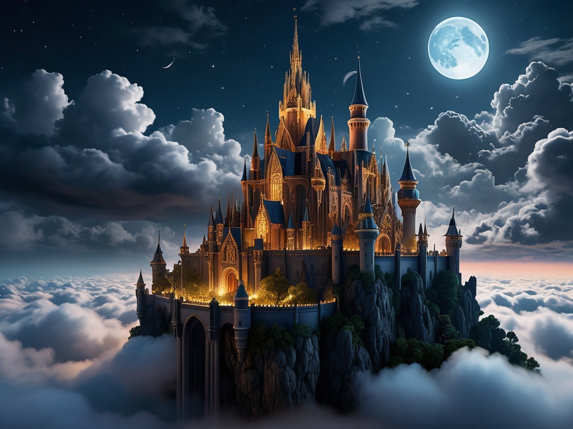 Majestic castle on rocky peak under starry night sky
