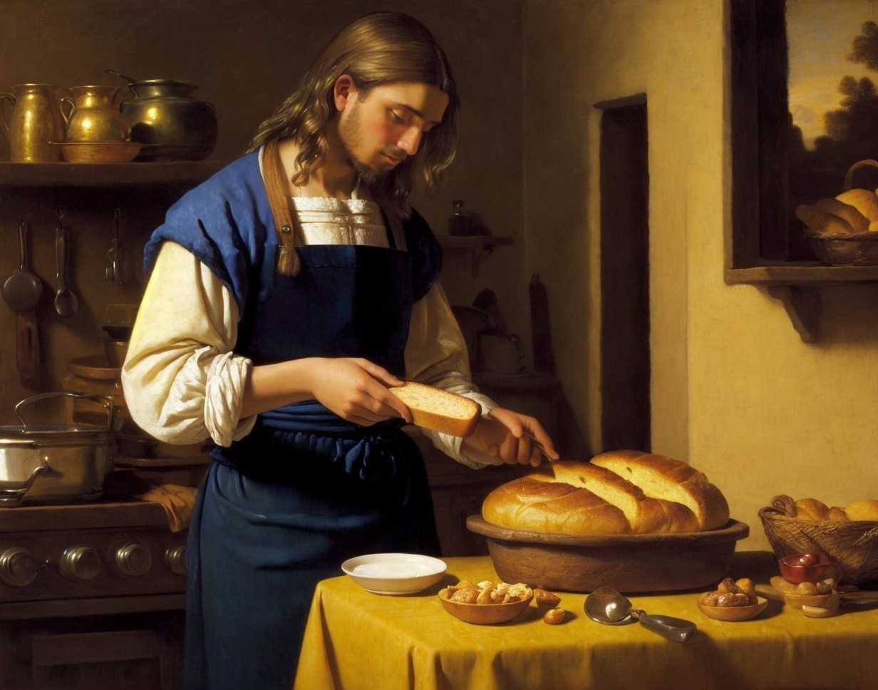 Man slicing bread in rustic kitchen with apron and copper pot