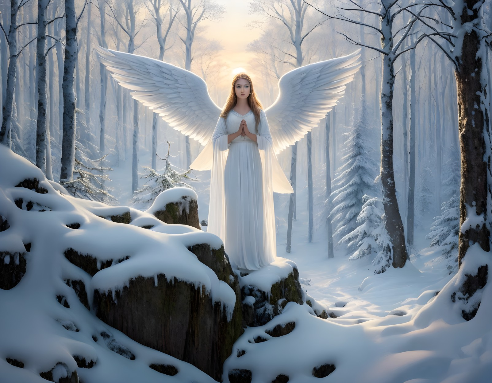 Angel with white wings in snowy forest with ethereal light