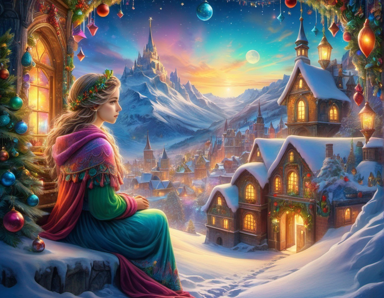 Woman in festive gown admires snow-covered village with Christmas decorations and distant castle at twilight