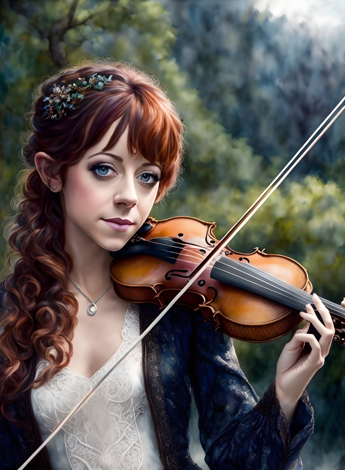 Woman in white dress plays violin in forest setting