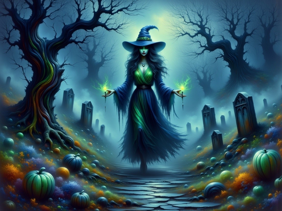 Witch in Moonlit Graveyard with Glowing Orbs