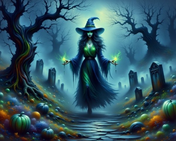 Witch in Moonlit Graveyard with Glowing Orbs