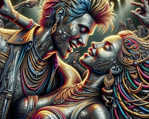 Futuristic Dance Scene with Metallic Features and Lights