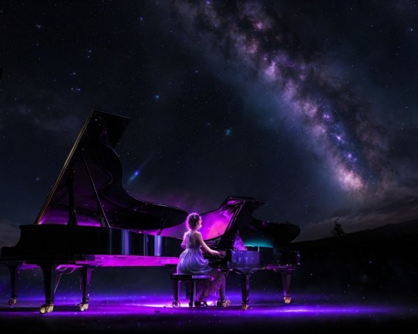 Woman playing grand piano under starry sky