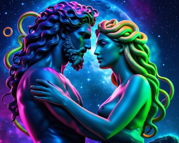 Cosmic Embrace of Ethereal Figures in Vibrant Colors