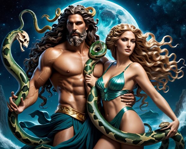 Muscular Male Figure and Woman in Moonlit Scene