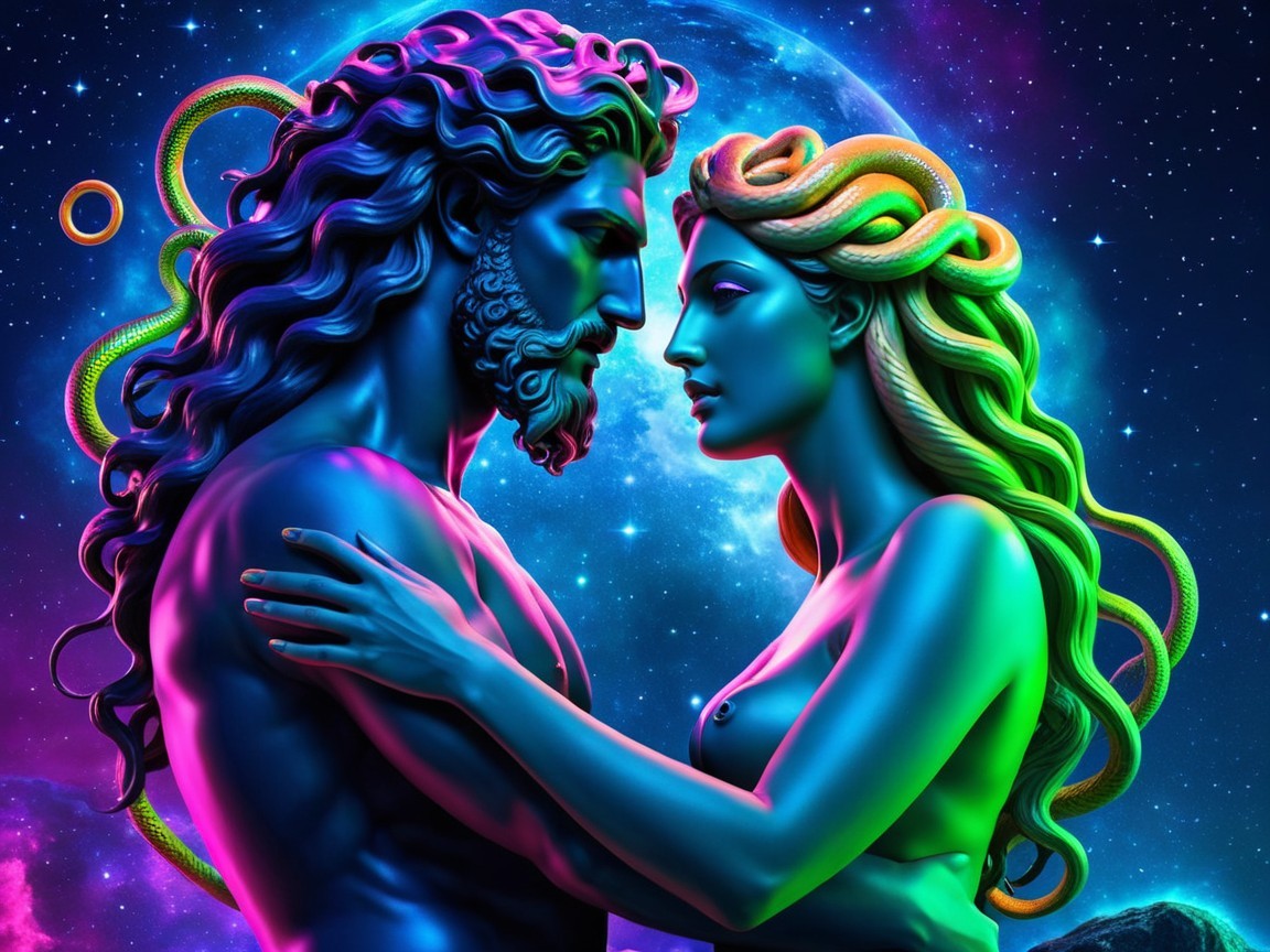 Cosmic Embrace of Ethereal Figures in Vibrant Colors