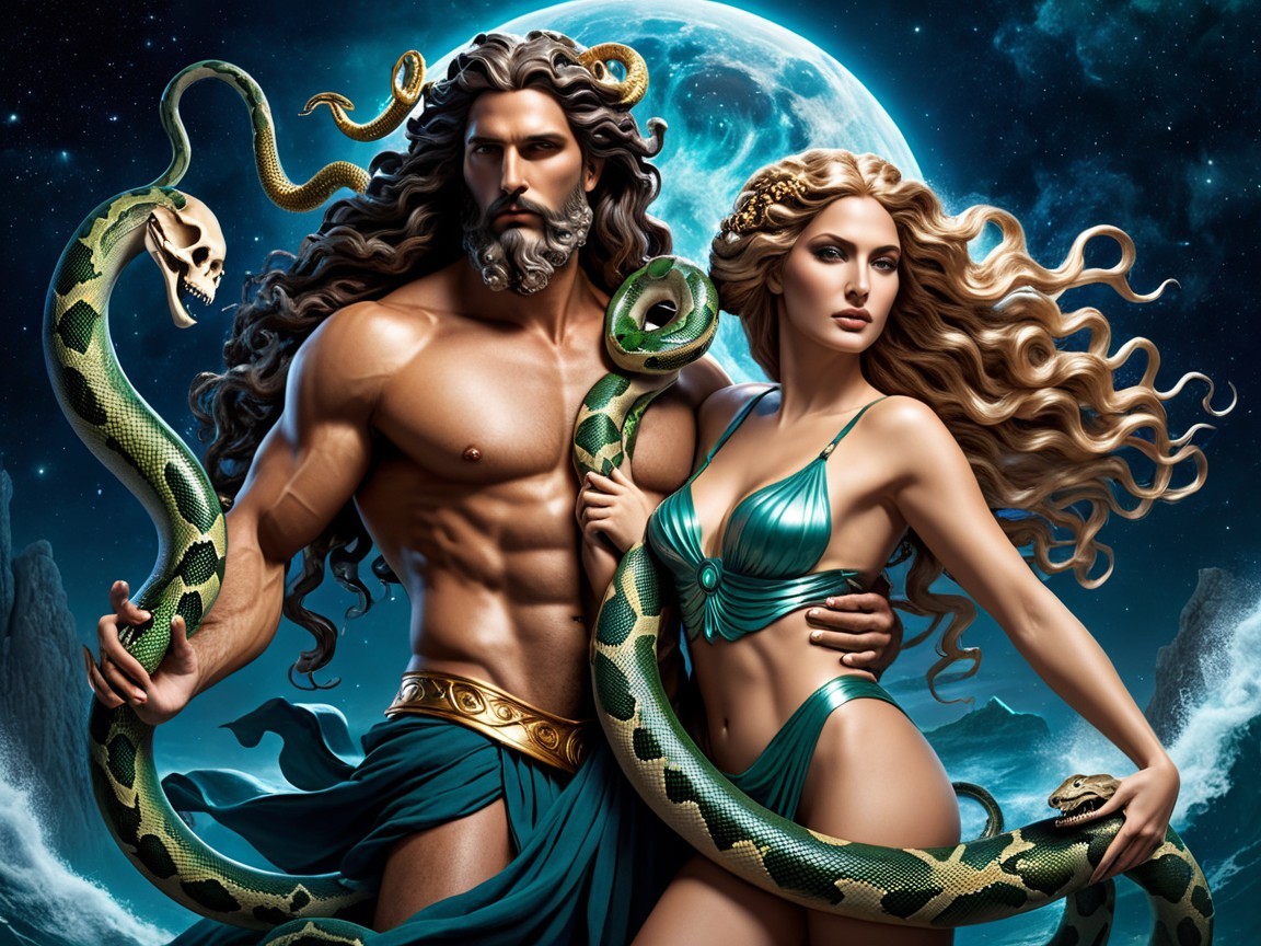 Muscular Male Figure and Woman in Moonlit Scene