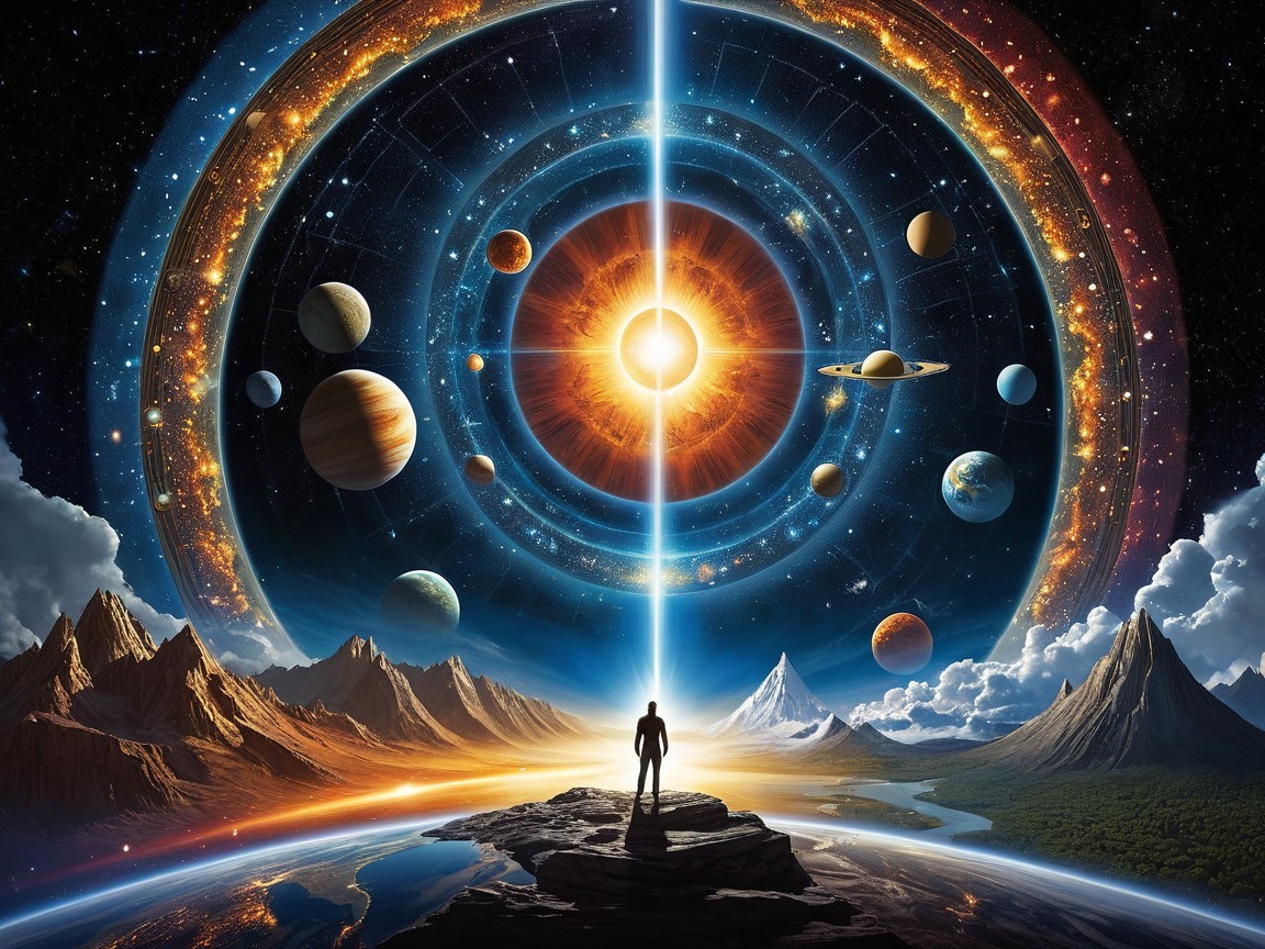 Cosmic Scene with Sunburst and Celestial Bodies