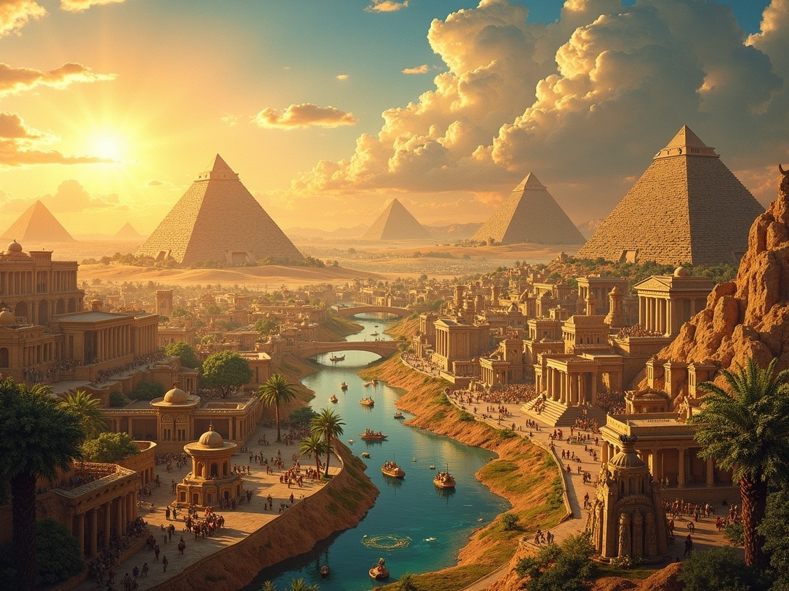 Ancient Egyptian Landscape with Pyramids at Sunset